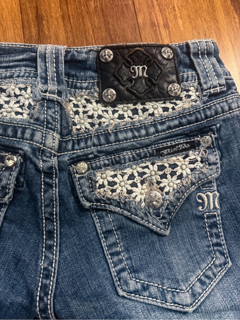 Miss Me Blue Denim Shorts with White Crochet Accents